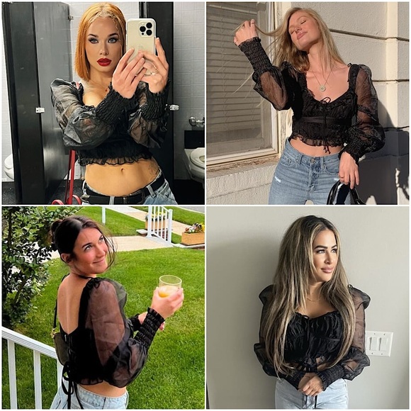 NEW LOVE & LEMONS Organza Puff Long Sleeve Ruffle Sweetheart Neck Crop Top XS - Picture 3 of 16